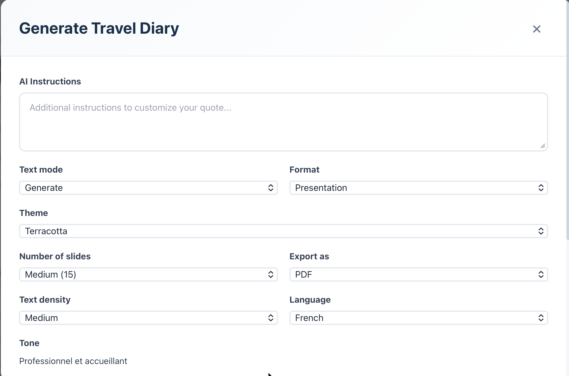Modale Generate Travel Diary – partie 1